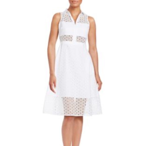 GUESS Sleeveless Collared Eyelet Dress Elise White Midi Open Cut Out SZ 6 - Picture 1 of 17